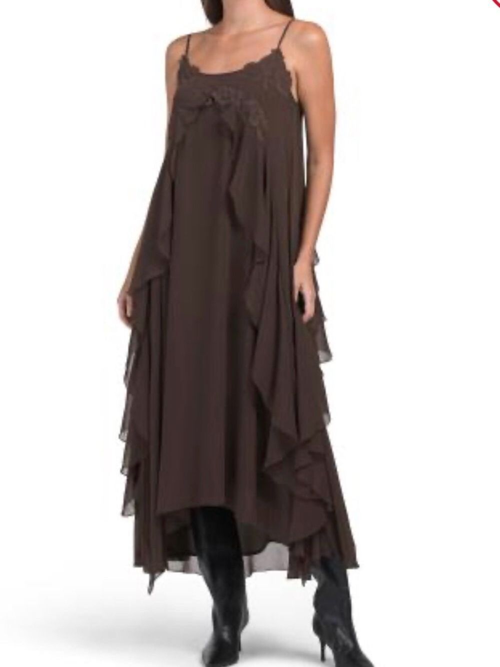 House of Harlow 1960 Chiffon Maxi Cocktail Dress Ruffles Brown Flowy Fairy Sz M - Picture 2 of 10